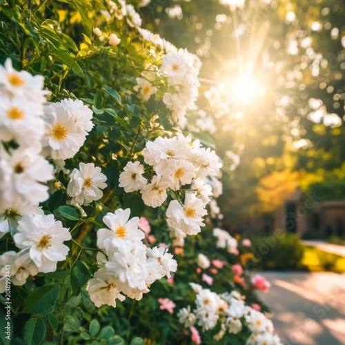 Sunlight Shining Through Trees in a Garden Filled With White Flowers During t...