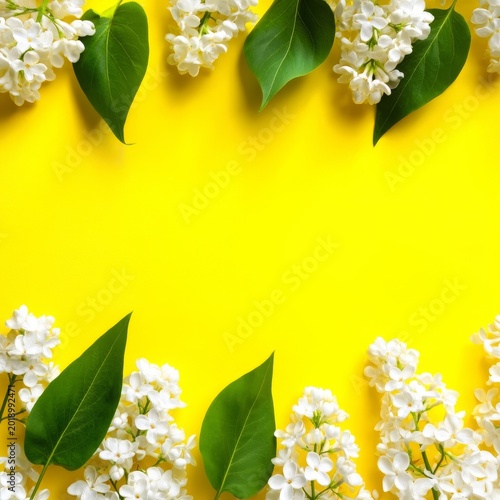Bright Yellow Background With White Flowers and Green Leaves Arranged in a De...