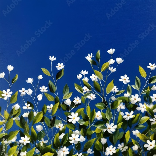 White Flowers on Green Branches Against a Blue Background in a Vibrant Display