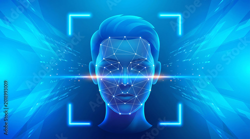 Futuristic facial recognition technology system with biometric identification scanning human face and digital data background
