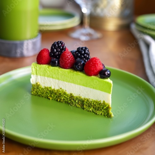 Slice of Cake With Berries and Green Layers on a Plate Near a Lit Candle