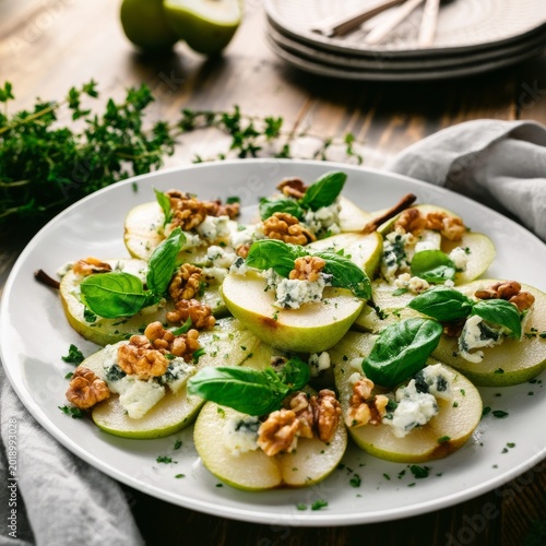 Fresh Fruit Salad With Apples, Walnuts, and Cheese on a White Plate