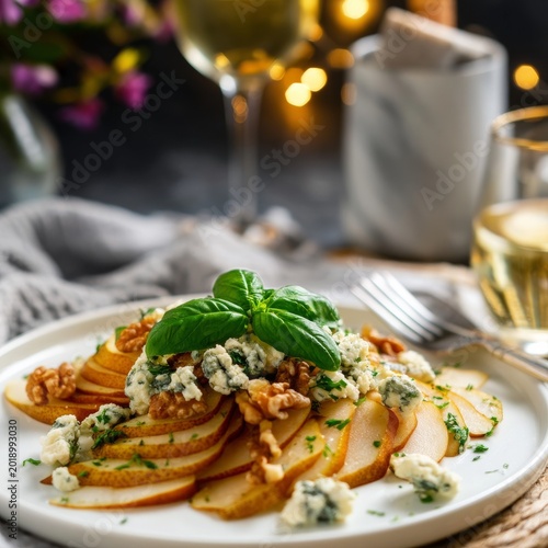 Fresh Fruit Salad With Apples, Walnuts, and Cheese on a White Plate
