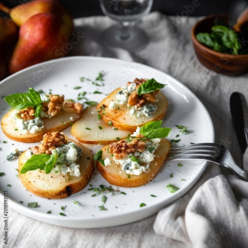 Sliced Pears With Cheese and Nuts Served on a White Plate at a Dining Table