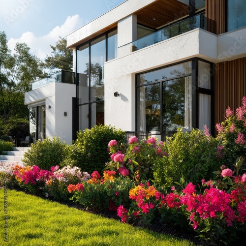 Flowers and Modern House in a Garden on a Sunny Day in the Afternoon
