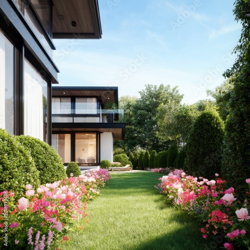 Flowers and Modern House in a Garden on a Sunny Day in the Afternoon