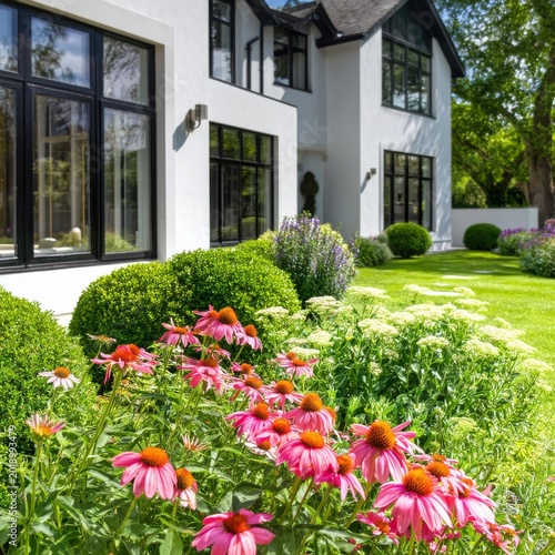 Flowers and Modern House in a Garden on a Sunny Day in the Afternoon