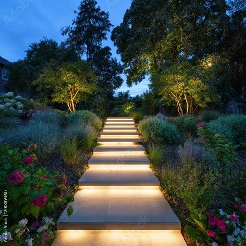 Steps With Lights in a Garden at Dusk Surrounded by Flowers and Trees