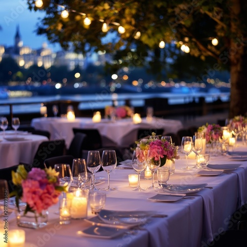 Dining by the Water at Sunset With Candlelight and Floral Centerpieces in a City