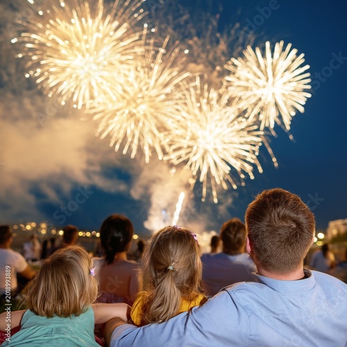 Fireworks Display Over a Crowd Watching During a Summer Evening Celebration i...