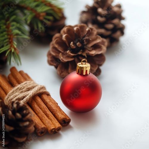 Red Ornament on a Table Next to Pine Cones and Cinnamon Sticks During the Hol...