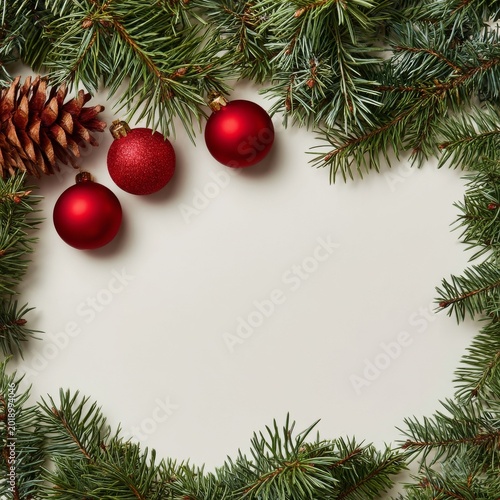 Decorative Holiday Arrangement With Red Ornaments and Pine Branches on a Ligh...