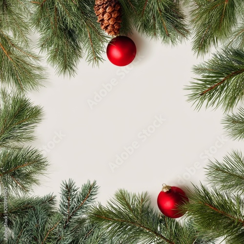 Christmas Decoration Frame With Green Branches and Red Ornaments on a Light B...
