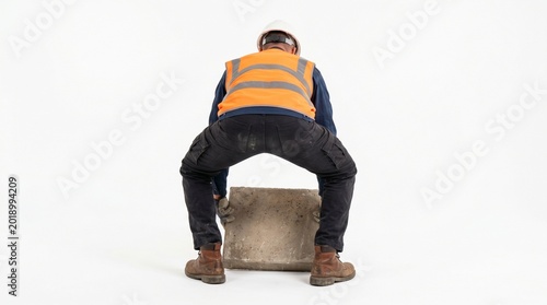 Man bending over on box with back to camera.