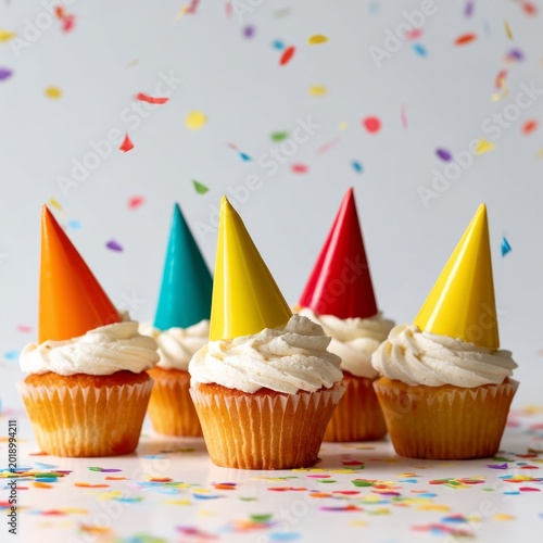 Colorful Cupcakes With Party Hats Are on a Table During a Celebration With Co...