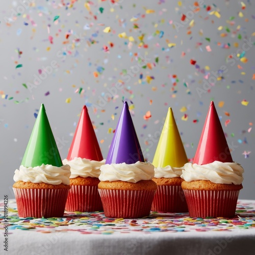 Colorful Cupcakes With Party Hats Are on a Table During a Celebration With Co...