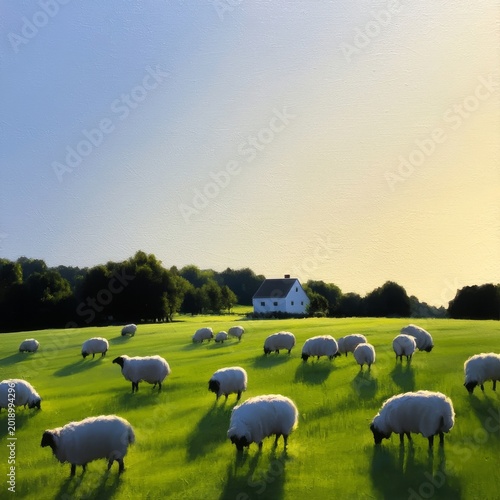 Sheep Graze on Green Grass Near a House in a Rural Area During Late Afternoon...