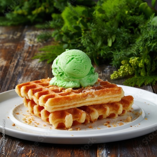 Waffles With Green Ice Cream on a White Plate Placed on a Wooden Table Surrou...