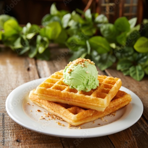 Waffles Topped With Green Ice Cream on a White Plate With Greenery in the Bac...