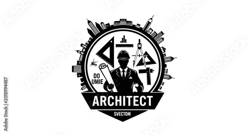 An architect standing confidently with tools and symbols around him in a circular emblem