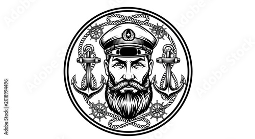 Illustration of a serious captain with a beard and anchors