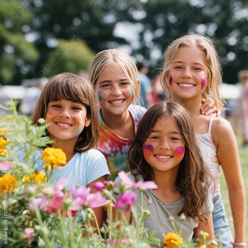 Four Girls Smile and Pose Near Flowers During a Festival on a Sunny Day in a ...