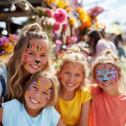 Children Enjoy Face Painting at a Colorful Summer Festival in the Park Celebr...