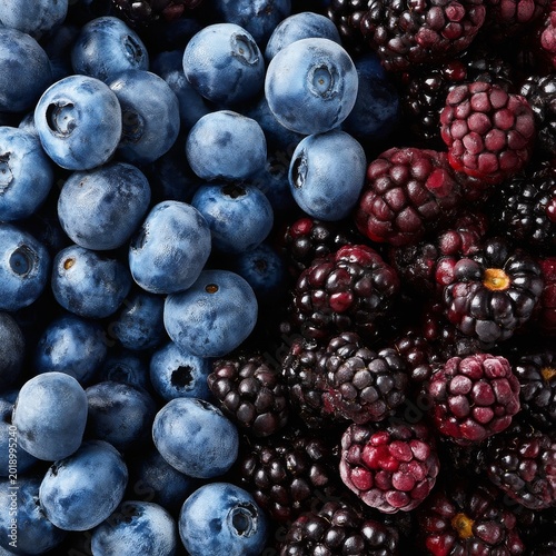 Blueberries and Blackberries Are Placed Side by Side on a Dark Surface for a ...