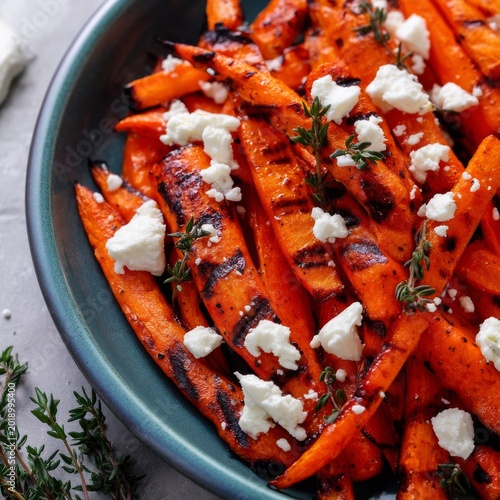 Grilled Carrots With Herbs and Cheese on White Plate for Lunch or Dinner
