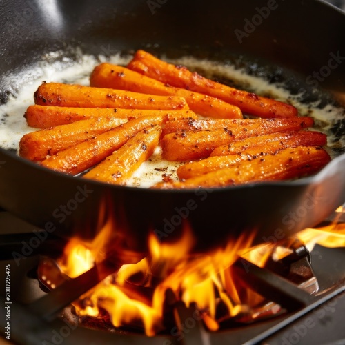 Cooking Carrots in a Cast Iron Skillet Over a Flame on a Gas Stove in a Kitchen