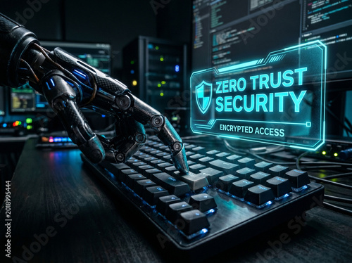 Robotic hand interacting with keyboard displaying zero trust security access.
