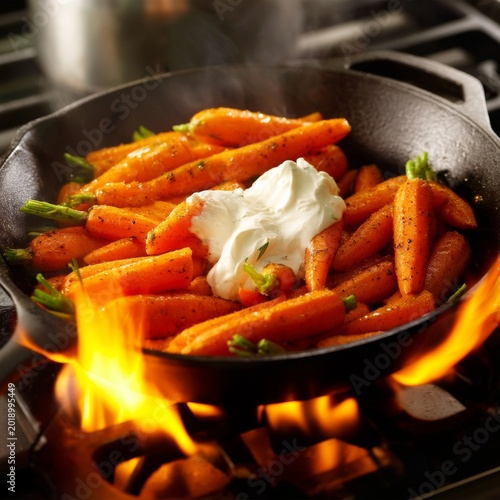 Carrots Cooking on Fire in a Skillet With Sauce During a Kitchen Demonstration