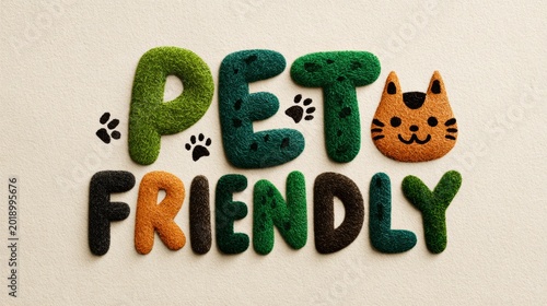Modern pet friendly typography with cat icon on beige background, playful business branding, welcoming animal lifestyle.