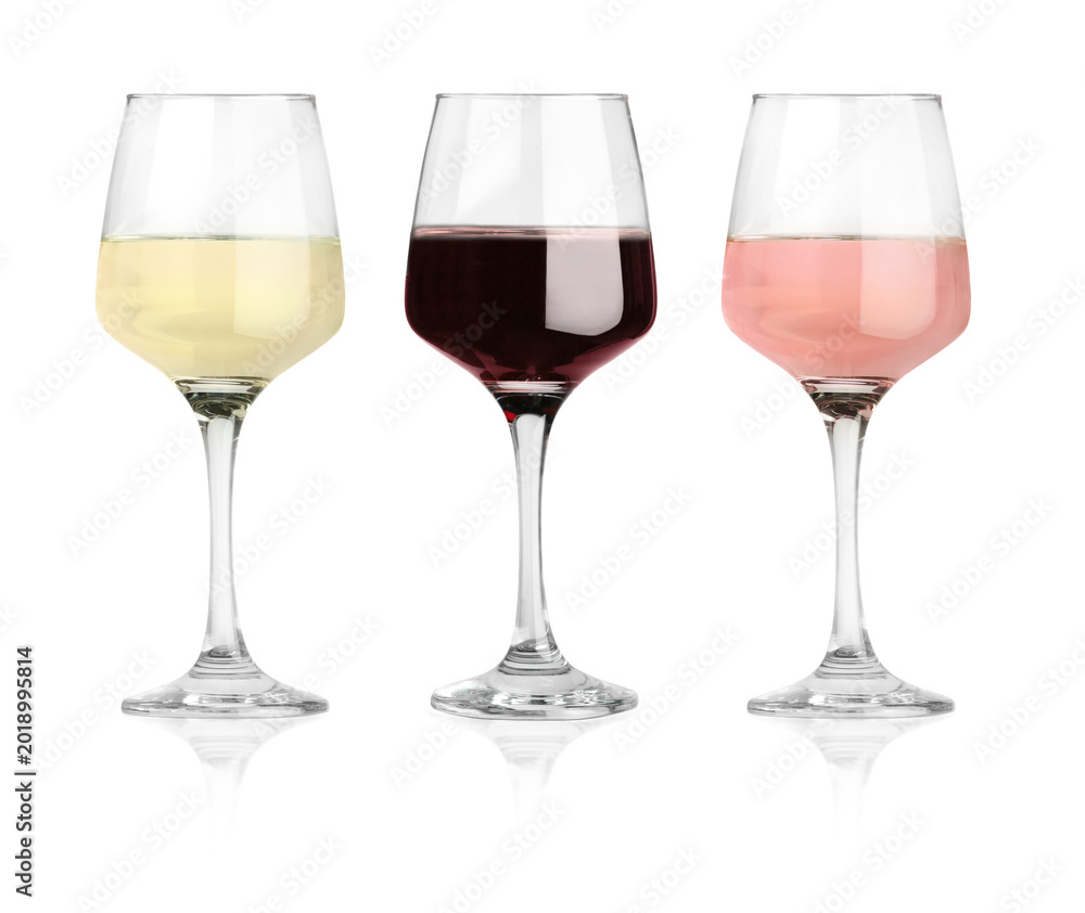 Fototapeta premium Rose, red and white wine in glasses on transparent background