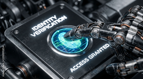 Futuristic biometric scanner verifying fingerprint for secure system access.