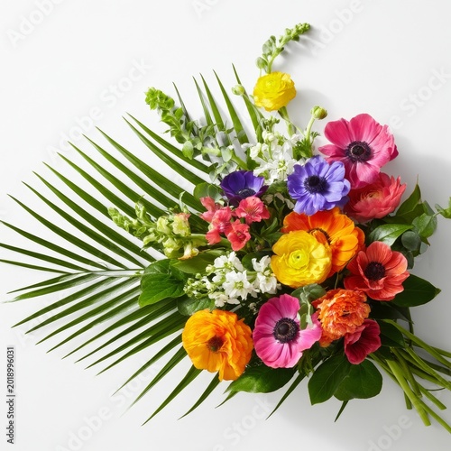 Bright and Colorful Flower Bouquet With Green Leaves on Plain Background