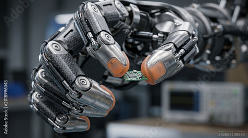 Robotic fingers using tactile sensors to hold tiny microchip on laboratory desk.