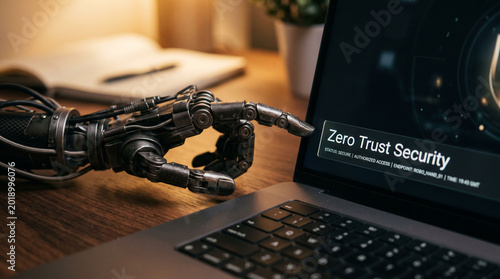 Robotic hand interacting with zero trust security interface on laptop.