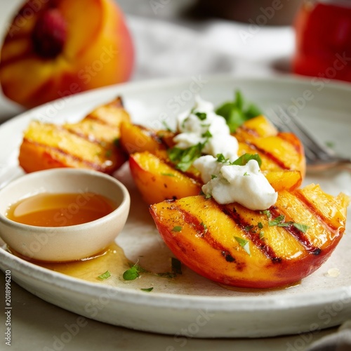 Fresh Grilled Peaches on a Plate With Honey and Cream in a Kitchen Setting