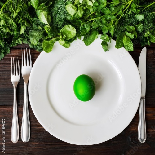 Green Egg on White Plate Surrounded by Fresh Herbs on Wooden Table