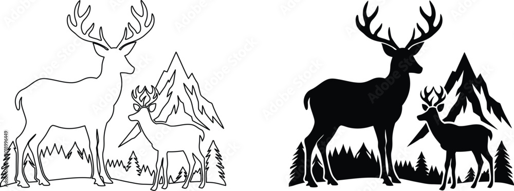 Fototapeta premium Deer family with mountains silhouette outline graphic design element.
