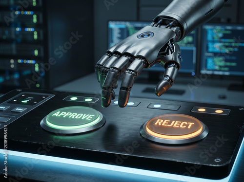 Robot hand hovers over approve reject buttons close up.