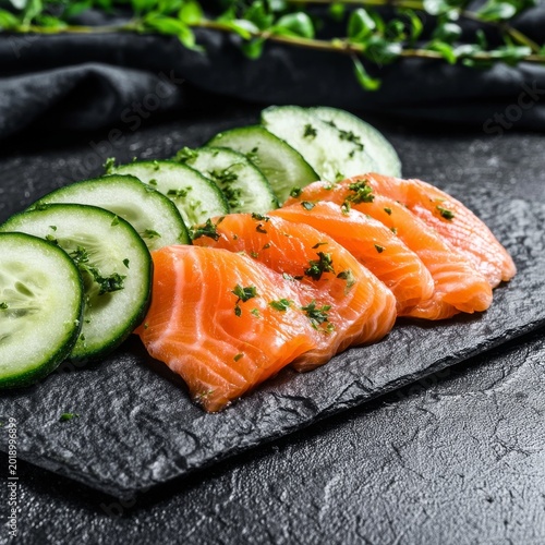 Fresh Salmon Slices Served With Cucumber on a Dark Stone Plate