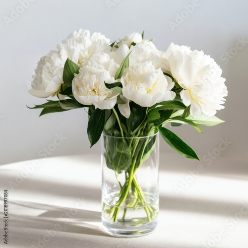 Elegant White Peonies in a Clear Glass Vase on a Wooden Table Indoors