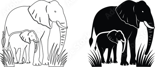 Photography Elephant and baby silhouette set african savanna wildlife line art animal family graphics