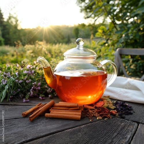 Tea Brewing With Herbs and Spices in a Garden During Sunset