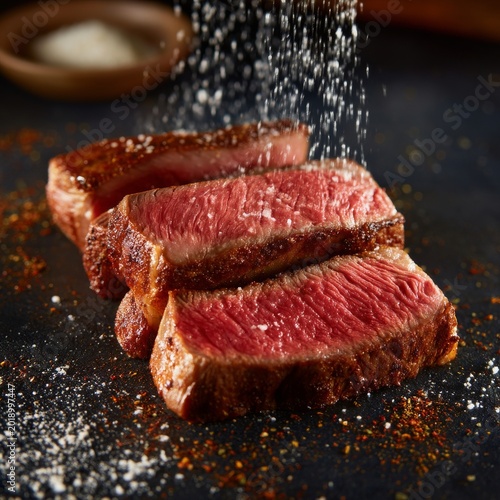 Juicy Steak Cuttings Stacked With Salt Being Sprinkled on Top in a Dark Setting