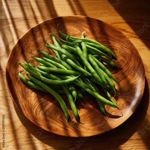 Fresh Green Beans on a Wooden Plate With Natural Light Casting Shadows