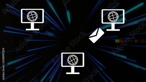 Envelope emerging left arcing toward three monitors, sending data while neon streaks pulsing