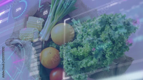 On load HUD overlays sweeping tray scallions corn citrus tomato kale, incrementing% showing stock